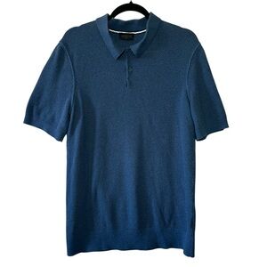 MAGASCHONI Men's Deep Blue Open Knit Short Sleeve Collared Polo Shirt- Large